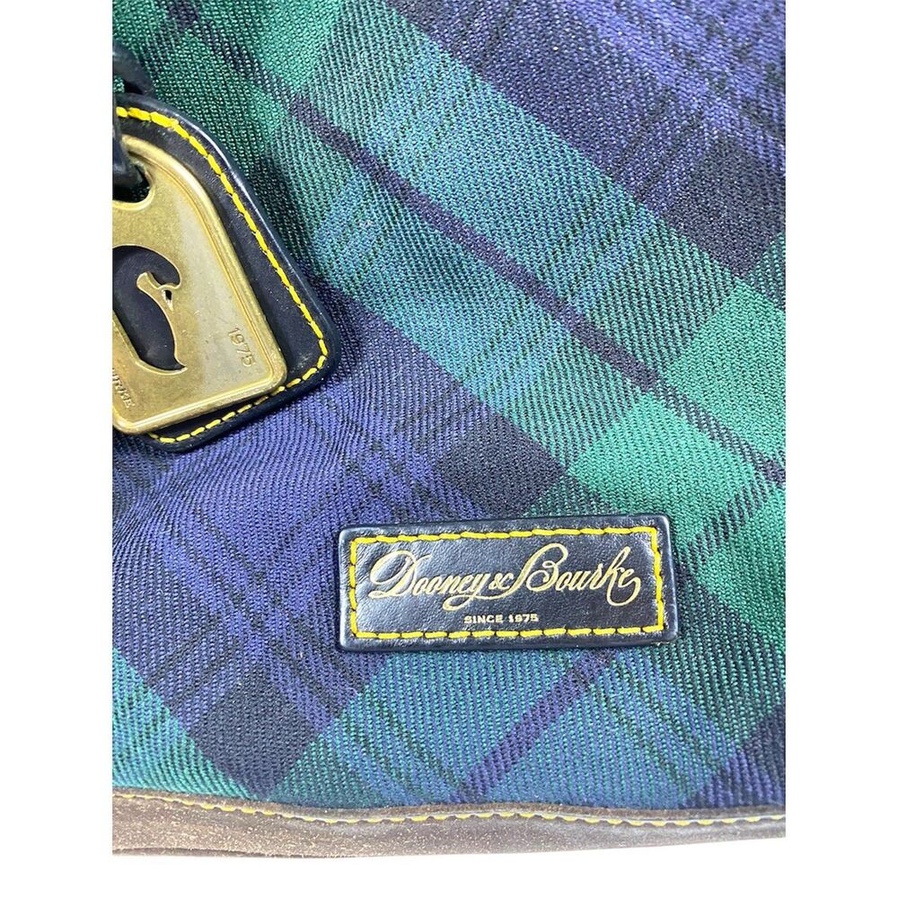 Dooney & Bourke Blackwatch Plaid Wool Tote Green Navy Leather Shoulder Bag - Picture 4 of 10